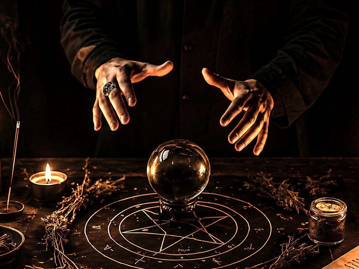 Les mains de Monsieur Amirou au-dessus de la boule de cristal, sur son autel