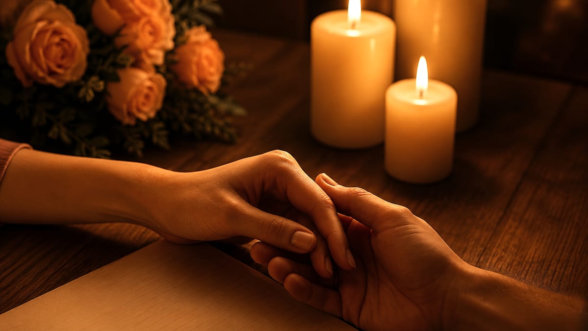 Deux mains l'une sur l'autre près d'un bouquet de roses et de bougies allumées